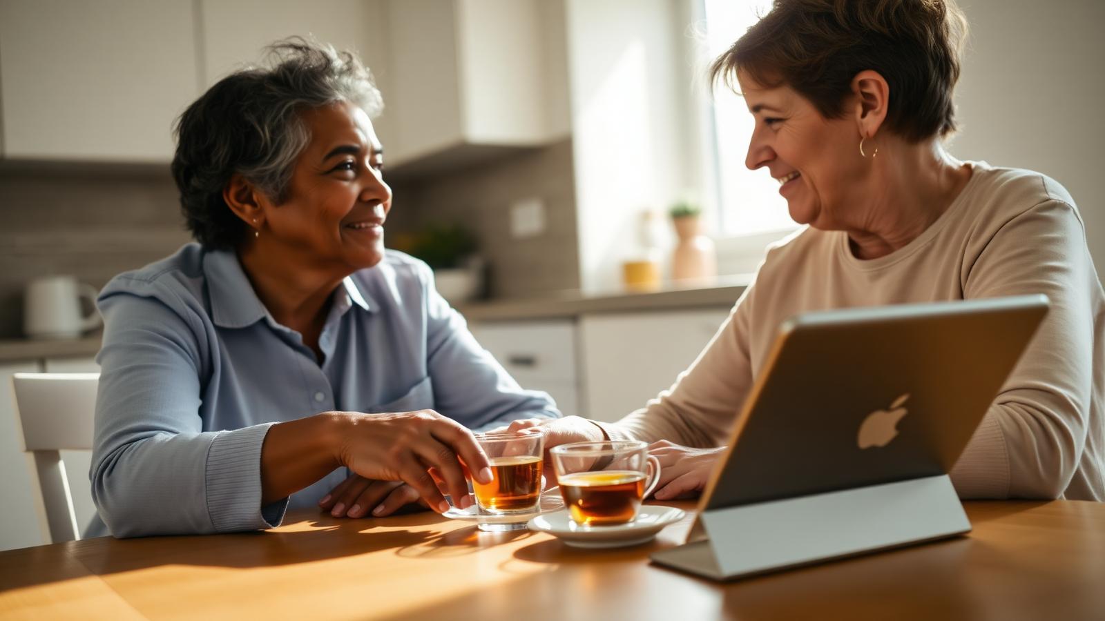 A caregiver and older adult sharing a moment, representing technology that supports rather than replaces human connection