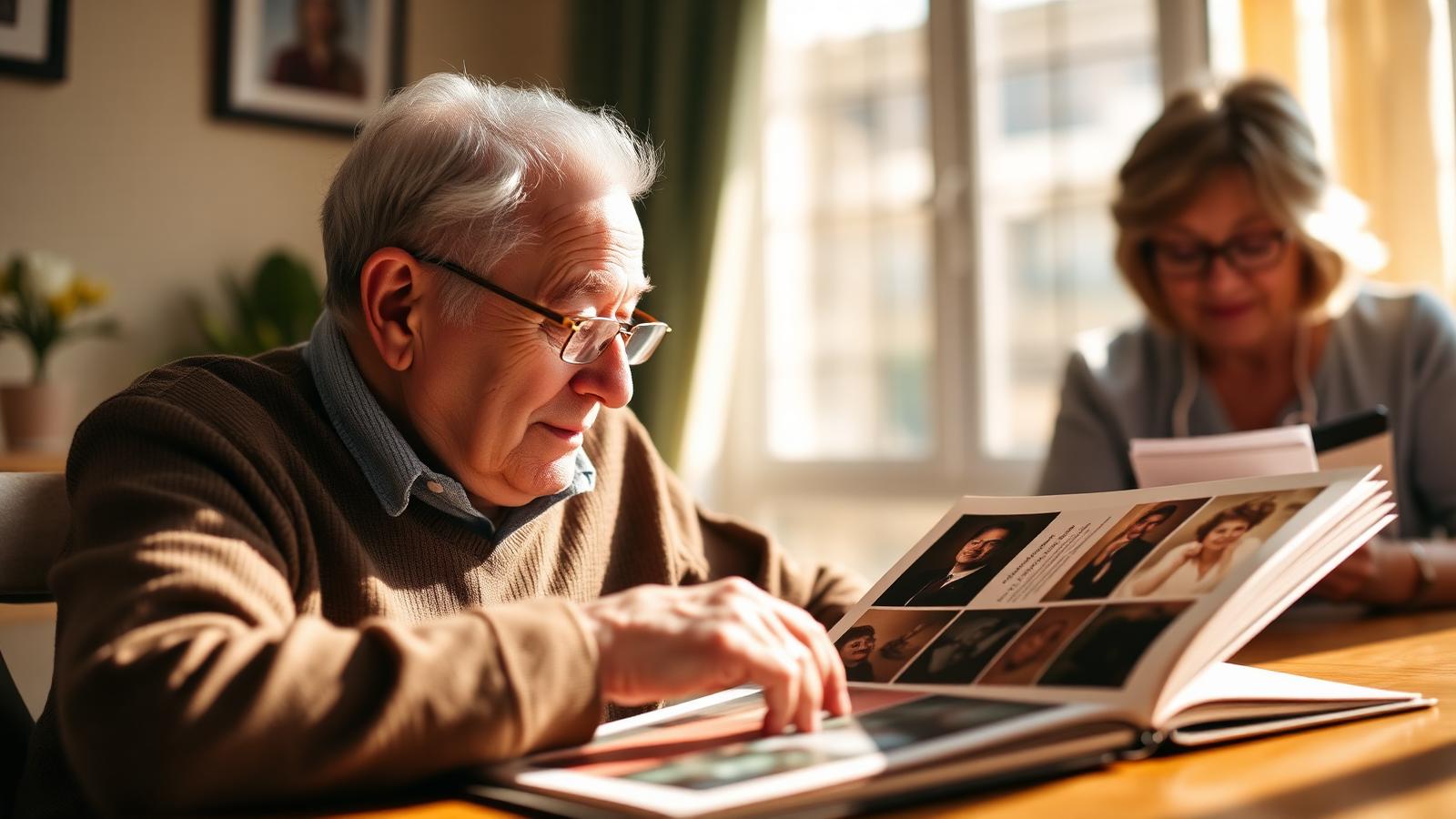 An older man looking through a photo album at a table while a woman sits nearby
