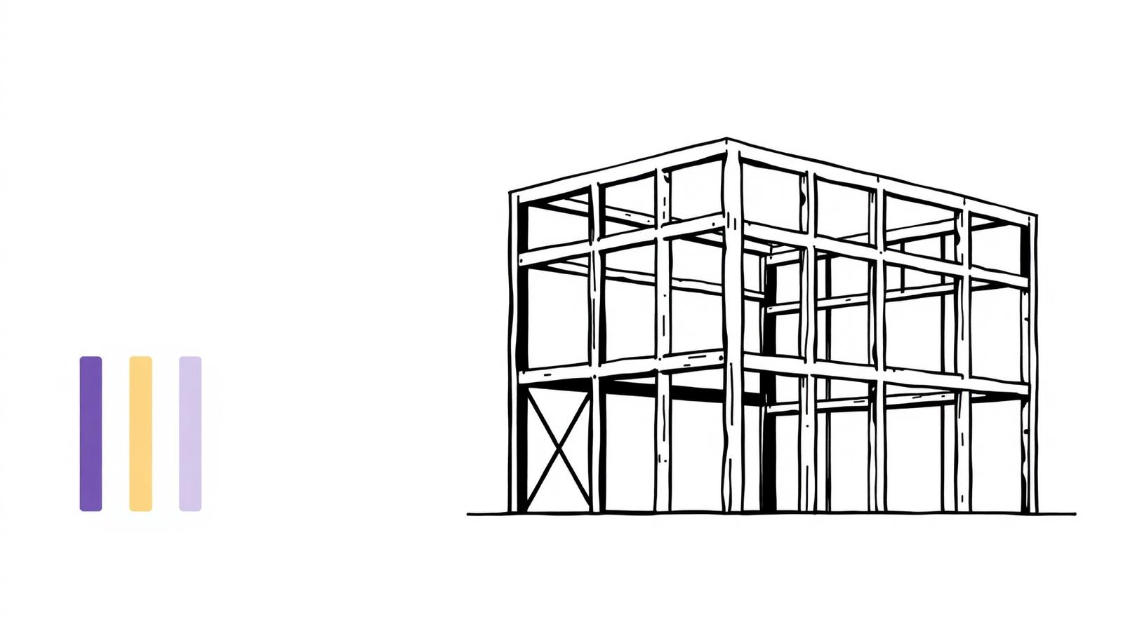 Line drawing of a building's open structural frame beside three vertical bars in violet, gold, and lavender