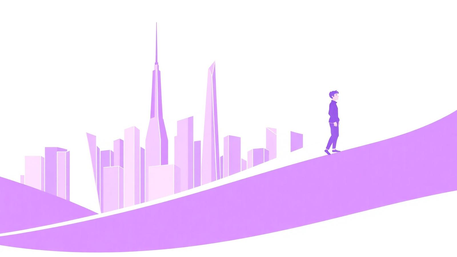 Illustration of a person walking up a lavender slope toward a city skyline