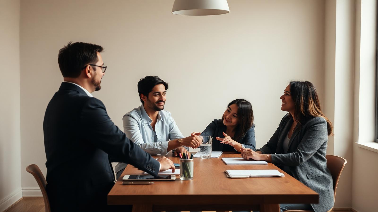 Four professionals in conversation around a wooden meeting table